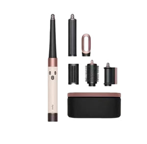 Woman using Dyson Airwrap with Bluetooth app control. Phone displays temperature and time settings for one-click styling. Enables effortless, customizable heat treatment for perfect curls.