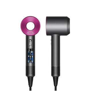 Image of a modern hair dryer with a unique hollow circular design at the front and a sleek matte finish. The front view shows the nozzle with a pink ring, while the side view highlights the cylindrical, compact shape. The dryer features multiple buttons and controls on the handle, with visible internal components, suggesting advanced technology for drying efficiency