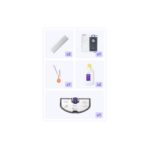 Narwal Flow 2 advanced kit with two track mops, one side brush, two floor cleaners, one HEPA filter and one dust bag