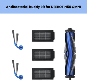 Genuine ECOVACS Antibacterial Buddy Kit for DEEBOT N50 OMNI: 1 blue main brush, 2 blue side brushes, 3 high-efficiency filters – OEM replacement parts bundle.