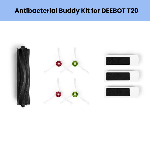Genuine ECOVACS Antibacterial Buddy Kit for DEEBOT T20 OMNI: 1 main brush, 4 white side brushes (2 red/2 green hubs), 3 high-efficiency filters – essential replacement parts bundle.