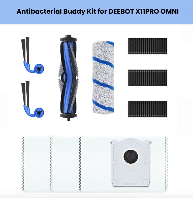 Official ECOVACS Antibacterial Buddy Kit engineered for DEEBOT X11 PRO OMNI robot vacuum & mop.  Includes 2 ARClean anti-tangle side brushes, 1 anti-tangle main roller brush, 1 washable microfiber mop pad, 3 high-efficiency antibacterial filters and 3 auto-seal dust bags.  Genuine OEM parts trap 99.9 % of bacteria and allergens while maintaining peak suction and streak-free mopping.  Easy drop-in installation, perfect fit guaranteed.