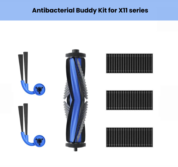 Official ECOVACS Antibacterial Buddy Kit designed for DEEBOT X11 series robot vacuums.  Includes 2 precision side brushes, 1 anti-tangle main roller brush and 3 high-efficiency antibacterial filters to trap 99.9 % of common bacteria and allergens.  Genuine OEM parts for healthier floors and fresher air—easy drop-in installation, perfect fit guaranteed.