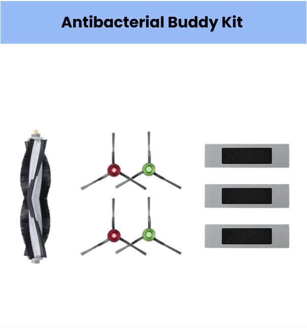Genuine ECOVACS Antibacterial Buddy Kit: 1 main brush, 4 side brushes (2 red/2 green), 3 high-efficiency filters for N10, N8, NEO, T9 & T8 robot vacuums.