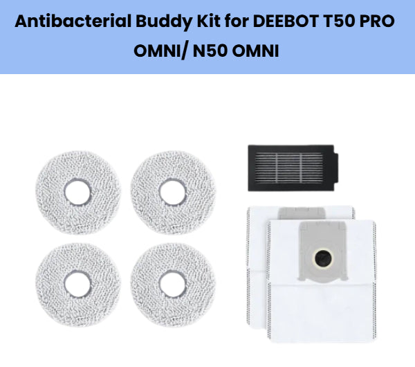 Genuine ECOVACS Antibacterial Buddy Kit for DEEBOT T50 PRO OMNI & N50 OMNI: 4 gray mop pads, 1 high-efficiency filter & 2 white dust bags – OEM replacement parts bundle.