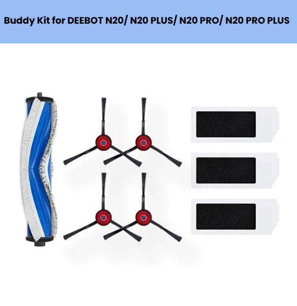 Genuine ECOVACS Buddy Kit: 1 anti-tangle main brush, 4 red side brushes, 3 high-efficiency filters for DEEBOT N20, N20 PLUS, N20 PRO & N20 PRO PLUS robot vacuums.