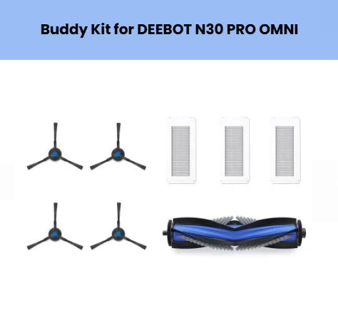 Genuine ECOVACS Buddy Kit for DEEBOT N30 PRO OMNI: 1 blue main brush, 4 blue side brushes, 3 high-efficiency filters – OEM replacement parts bundle.