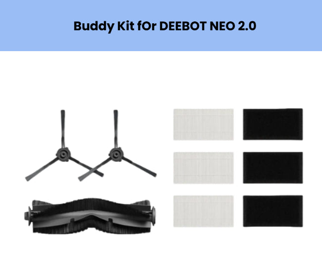Genuine ECOVACS Buddy Kit for DEEBOT NEO 2.0: 1 main brush, 2 side brushes, 3 high-efficiency filters – OEM replacement parts bundle.