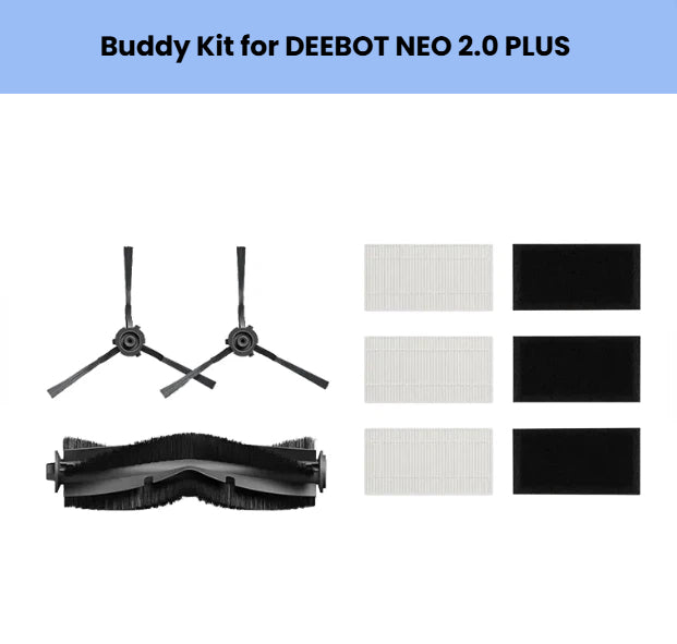 Genuine ECOVACS Buddy Kit for DEEBOT NEO 2.0 PLUS: 1 main brush, 2 side brushes, 3 high-efficiency filters – OEM replacement parts bundle.