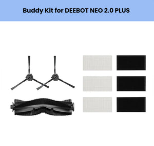 Genuine ECOVACS Buddy Kit for DEEBOT NEO 2.0 PLUS: 1 main brush, 2 side brushes, 3 high-efficiency filters – OEM replacement parts bundle.