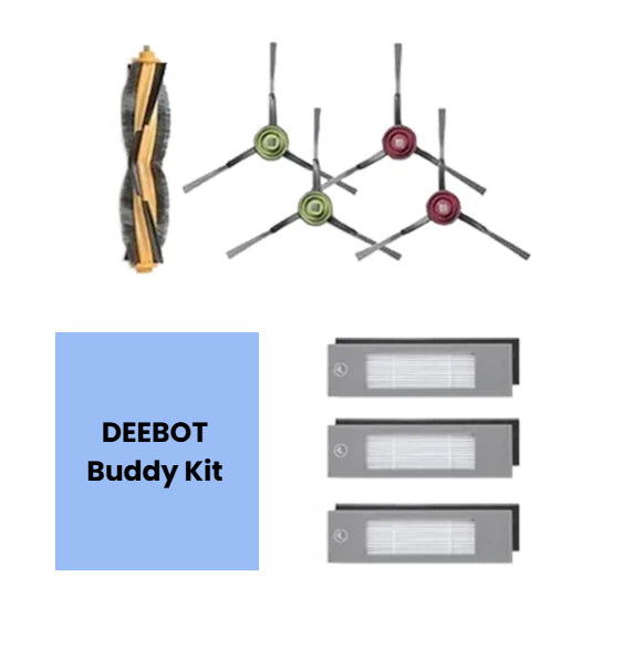 Genuine ECOVACS Buddy Kit: 1 main brush, 4 side brushes (2 green/2 red), 3 high-efficiency filters for N10, T9, N8, NEO, T8, 920, 950 & N7 robot vacuums.