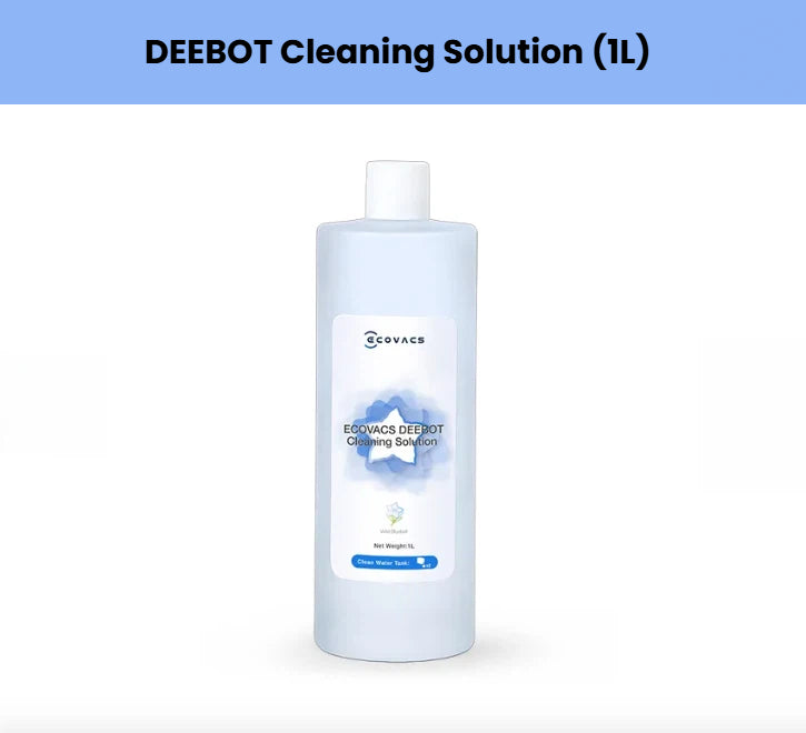 Genuine 1-litre bottle of ECOVACS DEEBOT Cleaning Solution, specially formulated for X8, T50, N50 and T80 robot mops.  Low-foam, streak-free formula safely cleans hardwood, tile and laminate while neutralizing odors.  Easy-pour cap, precise dilution ratio, OEM quality for optimal mopping performance.