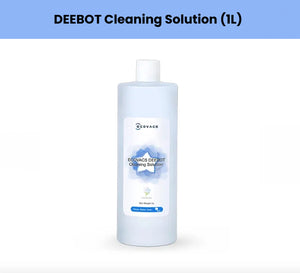 Genuine 1-litre bottle of ECOVACS DEEBOT Cleaning Solution, specially formulated for X8, T50, N50 and T80 robot mops.  Low-foam, streak-free formula safely cleans hardwood, tile and laminate while neutralizing odors.  Easy-pour cap, precise dilution ratio, OEM quality for optimal mopping performance.