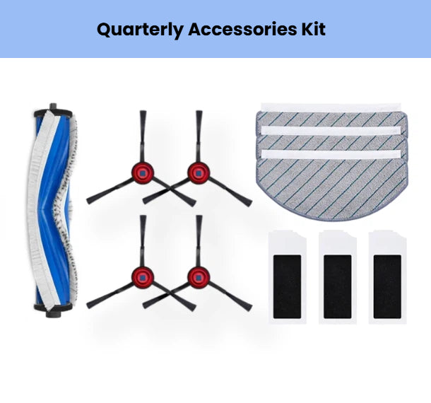 Official ECOVACS quarterly kit for DEEBOT N20, N20 PRO, N20 PLUS & N20 PRO PLUS: 1 anti-tangle main brush, 4 red side brushes, 3 high-efficiency filters & 1 reusable mopping pad.
