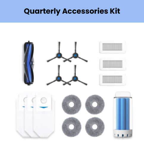Official ECOVACS quarterly accessory kit for DEEBOT N30 PRO OMNI: 1 main brush, 4 blue side brushes, 3 white filters, 4 gray mop pads, 3 dust bags & 1 blue water filter cartridge.