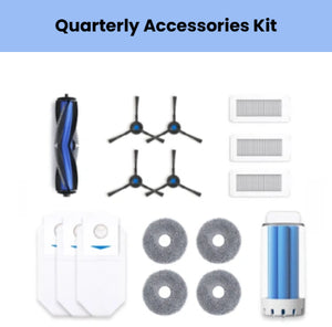 Official ECOVACS quarterly accessory kit for DEEBOT N30 PRO OMNI: 1 main brush, 4 blue side brushes, 3 white filters, 4 gray mop pads, 3 dust bags & 1 blue water filter cartridge.