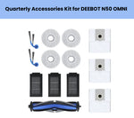 Official ECOVACS quarterly accessory kit for DEEBOT N50 OMNI: 1 blue main brush, 2 blue side brushes, 3 black filters, 4 gray mop pads & 3 white dust bags.