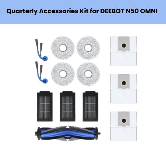 Official ECOVACS quarterly accessory kit for DEEBOT N50 OMNI: 1 blue main brush, 2 blue side brushes, 3 black filters, 4 gray mop pads & 3 white dust bags.