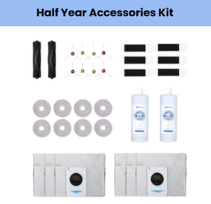 Genuine ECOVACS half-year bundle for DEEBOT T20 OMNI: 2 main brushes, 8 side brushes, 6 filters, 8 mop pads, 2 cleaning solutions & 6 dust bags.