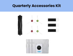 Official ECOVACS quarterly accessory kit for DEEBOT T20 OMNI: 1 main brush, 4 side brushes (2 red/2 green), 3 filters, 4 gray mop pads & 3 white dust bags.