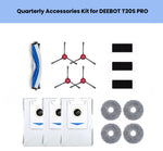 Official ECOVACS quarterly kit for DEEBOT T30S PRO: 1 main brush, 4 red side brushes, 3 filters, 4 gray mop pads & 3 white dust bags with blue accents.