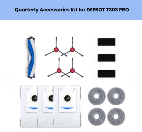 Official ECOVACS quarterly kit for DEEBOT T30S PRO: 1 main brush, 4 red side brushes, 3 filters, 4 gray mop pads & 3 white dust bags with blue accents.