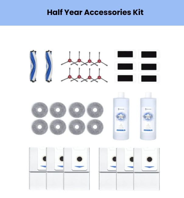 Official ECOVACS half-year bundle for DEEBOT T30: 2 main brushes, 8 red side brushes, 6 filters, 8 gray mop pads, 2 cleaning solutions & 6 white dust bags.