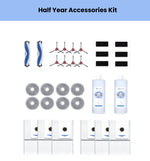 Official ECOVACS half-year bundle for DEEBOT T30: 2 main brushes, 8 red side brushes, 6 filters, 8 gray mop pads, 2 cleaning solutions & 6 white dust bags.