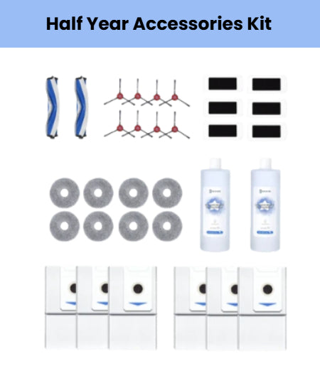 Genuine ECOVACS half-year bundle for DEEBOT T30 OMNI & T30 PRO OMNI: 2 main brushes, 8 red side brushes, 6 filters, 8 mop pads, 2 cleaning solutions & 6 dust bags.
