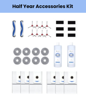Genuine ECOVACS half-year bundle for DEEBOT T30 OMNI & T30 PRO OMNI: 2 main brushes, 8 red side brushes, 6 filters, 8 mop pads, 2 cleaning solutions & 6 dust bags.
