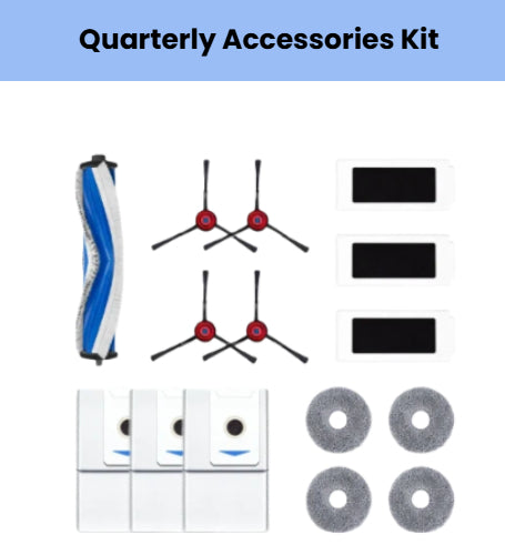 Official ECOVACS quarterly accessory kit for DEEBOT T30 OMNI & T30 PRO OMNI: 1 main brush, 4 red side brushes, 3 filters, 4 gray mop pads & 3 white dust bags.