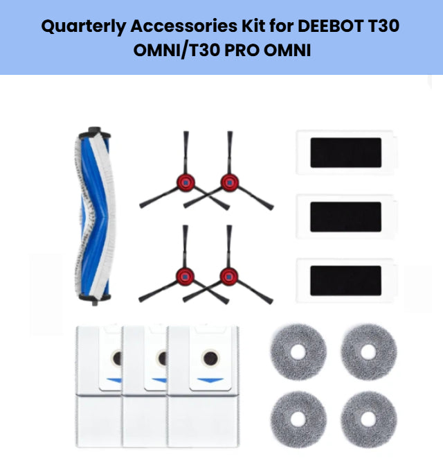 Official ECOVACS quarterly accessory kit for DEEBOT T30 OMNI & T30 PRO OMNI: 1 main brush, 4 red side brushes, 3 filters, 4 gray mop pads & 3 white dust bags.