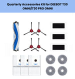 Official ECOVACS quarterly accessory kit for DEEBOT T30 OMNI & T30 PRO OMNI: 1 main brush, 4 red side brushes, 3 filters, 4 gray mop pads & 3 white dust bags.