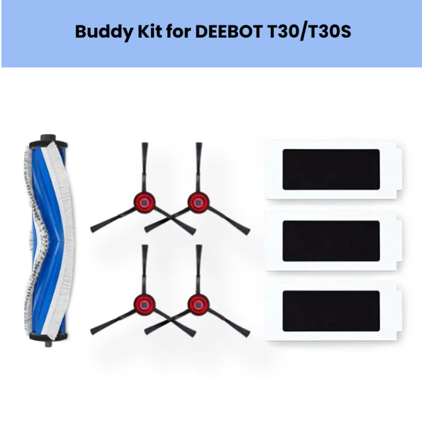 Genuine ECOVACS Buddy Kit for DEEBOT T30 & T30S: 1 main brush, 4 red side brushes, 3 high-efficiency filters – essential replacement parts bundle.