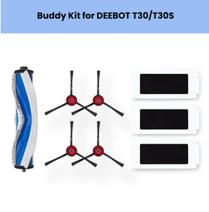 Genuine ECOVACS Buddy Kit for DEEBOT T30 & T30S: 1 main brush, 4 red side brushes, 3 high-efficiency filters – essential replacement parts bundle.