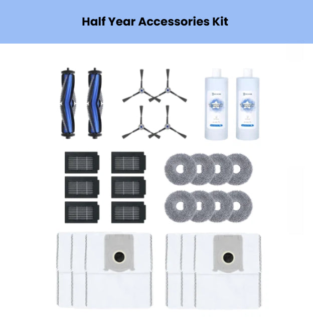 Official ECOVACS half-year accessory bundle for DEEBOT T50 MAX: 2 main brushes, 4 side brushes, 6 filters, 8 mop pads, 2 cleaning solutions & 8 dust bags.