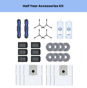 Official ECOVACS half-year accessory bundle for DEEBOT T50 MAX: 2 main brushes, 4 side brushes, 6 filters, 8 mop pads, 2 cleaning solutions & 8 dust bags.