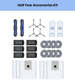 Official ECOVACS half-year accessory bundle for DEEBOT T50 PRO & T50 OMNI: 2 main brushes, 4 side brushes, 6 filters, 8 mop pads, 2 cleaning solutions & 8 dust bags.
