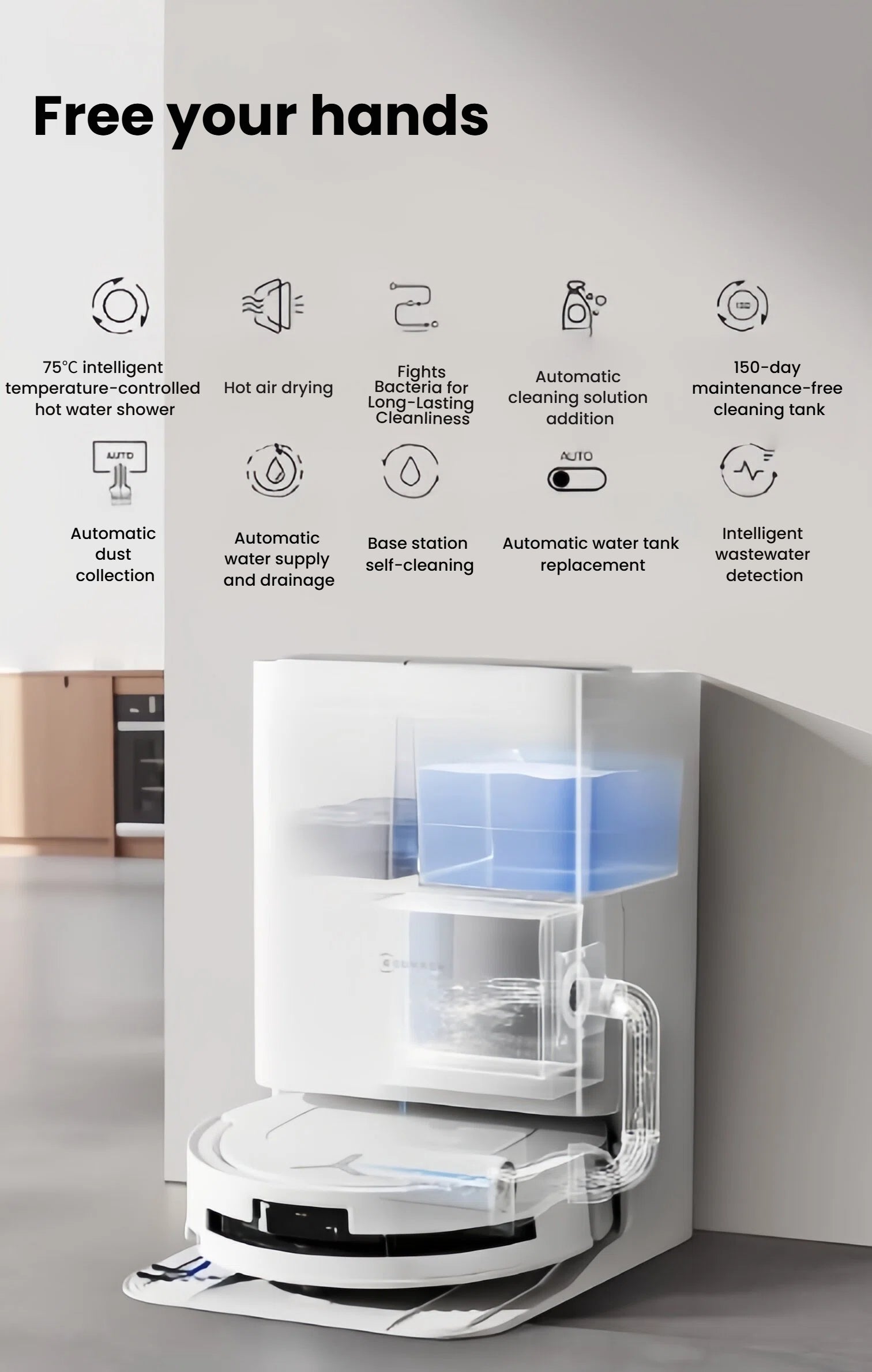 An infographic illustrating the multiple intelligent functions of the ECOVACS DEEBOT T80 OMNI station, including hot water mop washing, hot air drying, automatic dust collection, and smart water management.