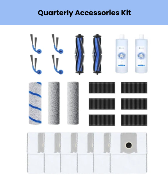 Official ECOVACS quarterly accessory kit for DEEBOT T80 OMNI: 2 main brushes, 4 side brushes, 6 filters, 3 mop rollers, 2 cleaning solutions & 6 dust bags.