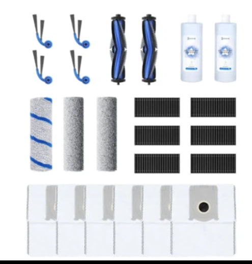 Official ECOVACS quarterly accessory kit for DEEBOT T80 OMNI: 2 main brushes, 4 side brushes, 6 filters, 3 mop rollers, 2 cleaning solutions & 6 dust bags.