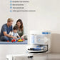 A happy family playing on a clean floor next to the ECOVACS DEEBOT T80 OMNI, illustrating its end-to-end potent antibacterial cleaning system that ensures high sterilization and virus removal rates for a healthy living space.