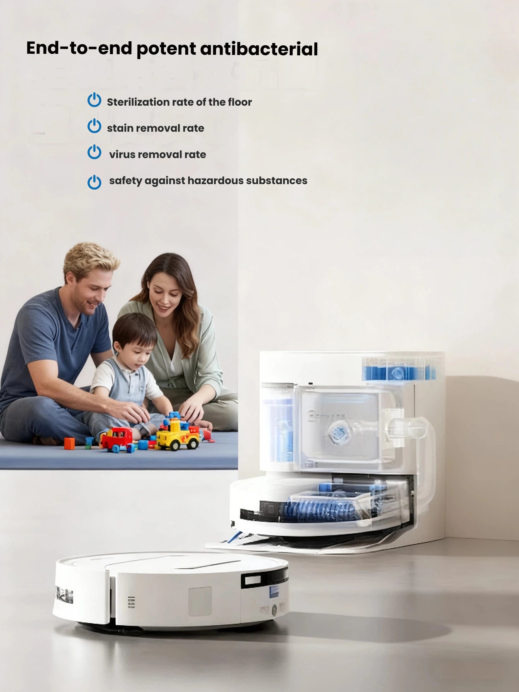 A happy family playing on a clean floor next to the ECOVACS DEEBOT T80 OMNI, illustrating its end-to-end potent antibacterial cleaning system that ensures high sterilization and virus removal rates for a healthy living space.