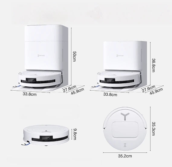A detailed diagram showing the measurements of the ECOVACS DEEBOT T8 OMNI robot vacuum cleaner and its OMNI station, including height, width, and diameter in centimeters.