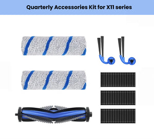 Official ECOVACS quarterly replacement bundle for DEEBOT X11 series robot vacuums.  Includes 2 washable microfiber mop pads, 2 precision side brushes, 3 high-efficiency filters and 1 anti-tangle main roller brush.  Genuine parts engineered for 3 months of peak cleaning performance—easy install, perfect fit, OEM quality guaranteed.