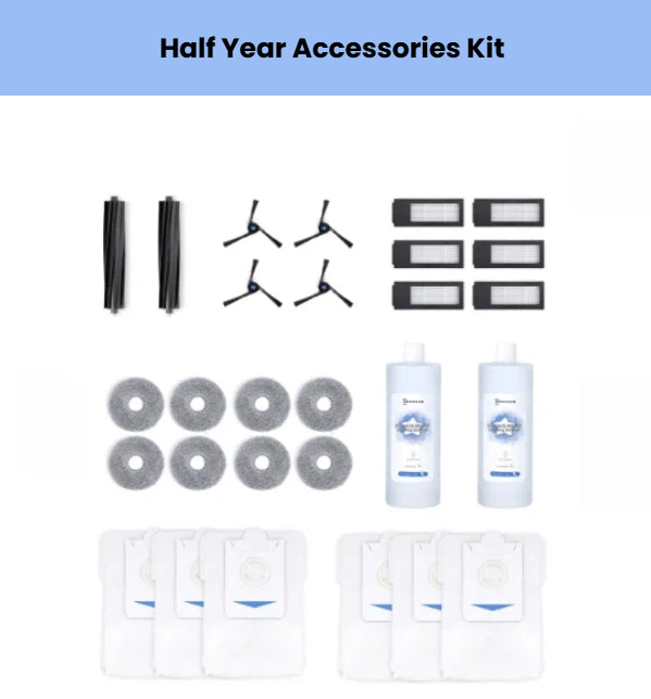 Official ECOVACS half-year accessory bundle for DEEBOT X2 OMNI: 2 main brushes, 4 side brushes, 6 filters, 8 mop pads, 2 cleaning solutions & 8 dust bags.