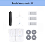 Official ECOVACS quarterly maintenance kit for DEEBOT X2 OMNI robot vacuum. Includes 1 rubber main brush, 2 white side brushes, 3 high-efficiency filters, 4 gray washable mop pads, and 4 disposable dust bags. Keep your X2 OMNI running at peak performance with genuine OEM parts.