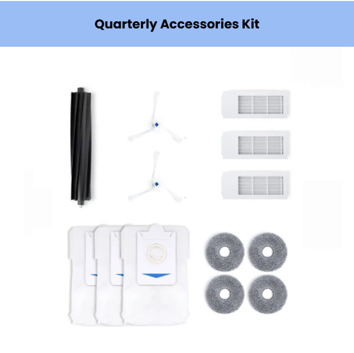 Official ECOVACS quarterly maintenance kit for DEEBOT X2 OMNI robot vacuum. Includes 1 rubber main brush, 2 white side brushes, 3 high-efficiency filters, 4 gray washable mop pads, and 4 disposable dust bags. Keep your X2 OMNI running at peak performance with genuine OEM parts.