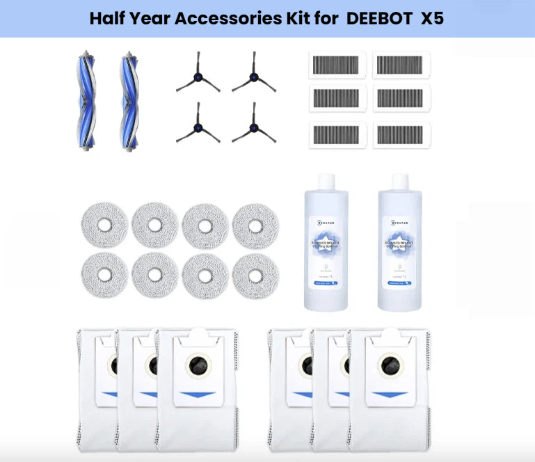 Official ECOVACS half-year replacement bundle for DEEBOT X5 OMNI robot vacuum & mop.  Includes 2 anti-tangle main roller brushes, 4 precision side brushes, 6 high-efficiency filters, 6 auto-seal dust bags, 8 reusable microfiber mop pads and 2 bottles of ECOVACS cleaning solution.  Genuine OEM parts deliver six full months of peak suction, streak-free mopping and hygienic dust disposal—easy drop-in installation, perfect fit guaranteed.