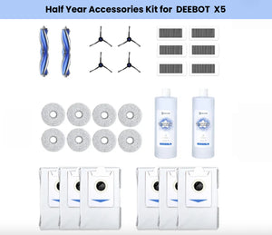 Official ECOVACS half-year replacement bundle for DEEBOT X5 OMNI robot vacuum & mop.  Includes 2 anti-tangle main roller brushes, 4 precision side brushes, 6 high-efficiency filters, 6 auto-seal dust bags, 8 reusable microfiber mop pads and 2 bottles of ECOVACS cleaning solution.  Genuine OEM parts deliver six full months of peak suction, streak-free mopping and hygienic dust disposal—easy drop-in installation, perfect fit guaranteed.